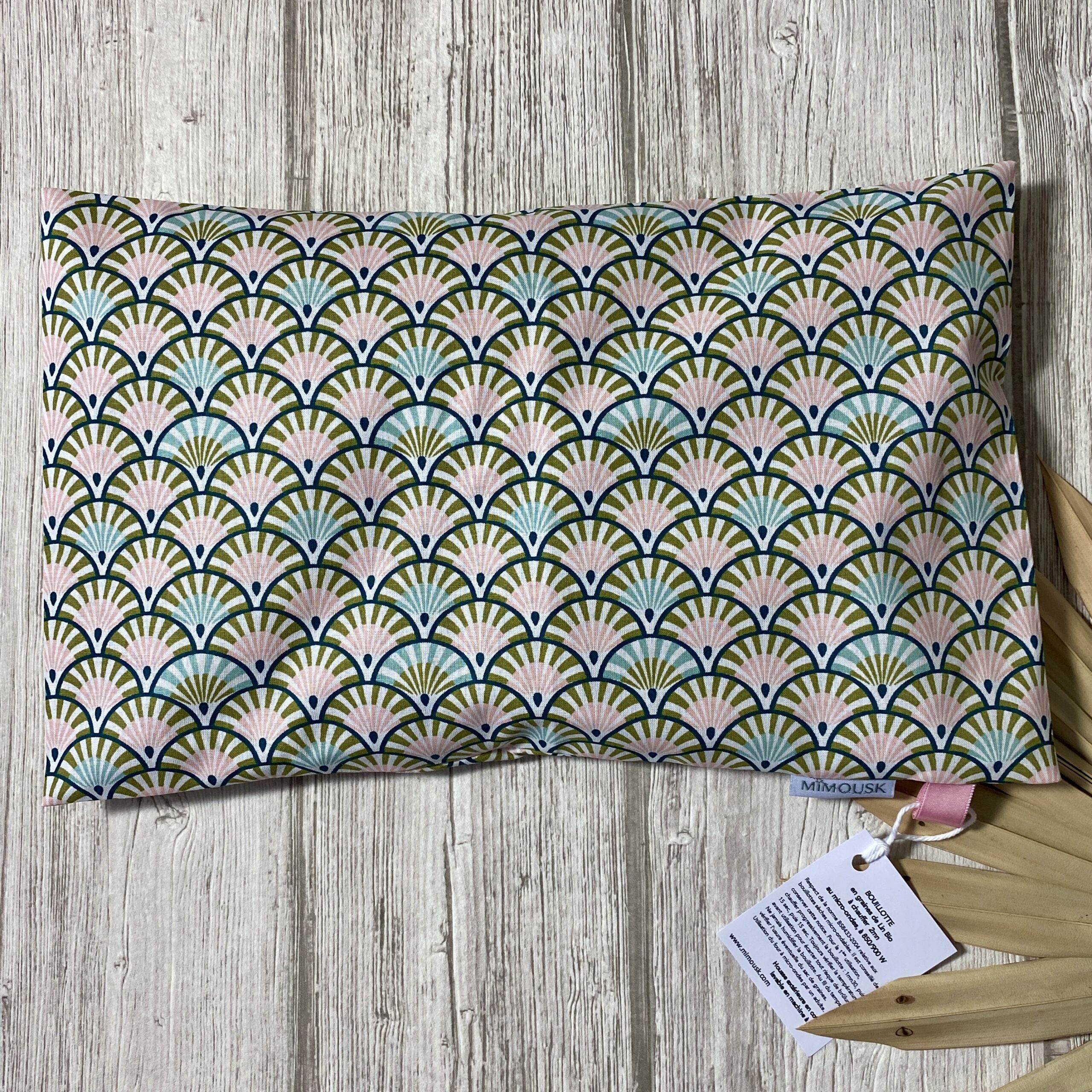 Bouillotte rectangulaire en graines de lin bio / Yona éventails bronze rose ciel