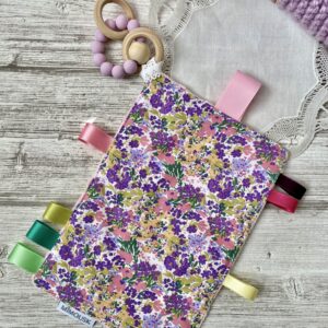 Doudou anneau de dentition, bois et silicone, Fleuri violet/vert