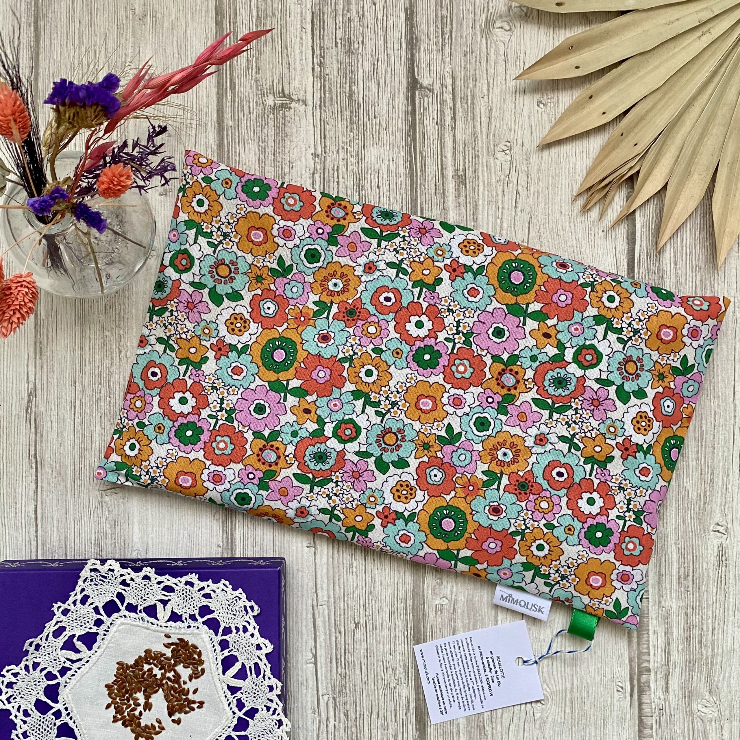 Bouillotte rectangulaire en graines de lin bio / Fleurs vintage / Vert Orange Rose