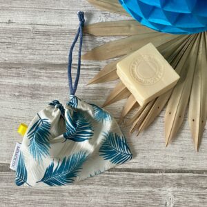 Sac à savon solide/ enduit palmes tropical / ecru bleu