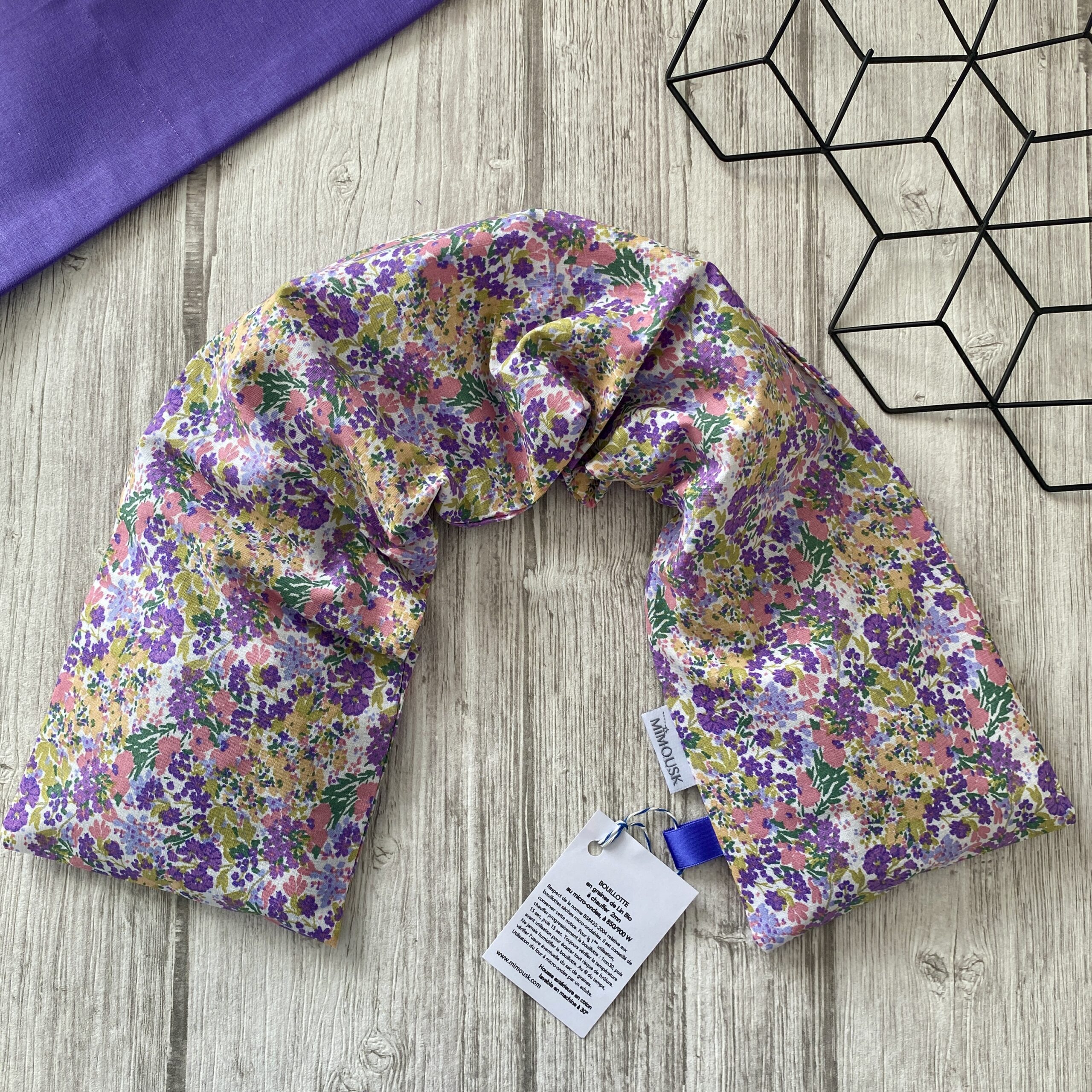 Bouillotte longue XL pour cervicales en graines de lin bio/ fleurie violette