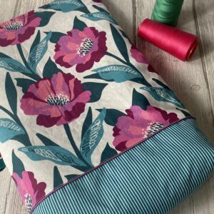 Sac vertical matelassé, Lin fleuri rose et rayures vertes